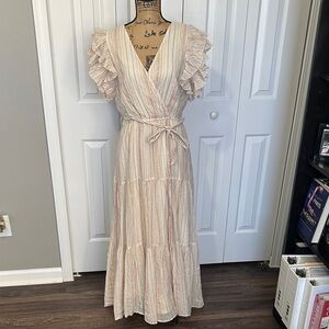 A Loves A Cream Maxi Dress with Ruffle Shoulders & Tiered Skirt